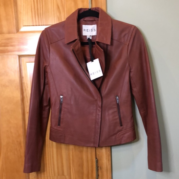 Reiss Cognac Brown Banksy Leather Biker Jacket - Picture 6 of 12